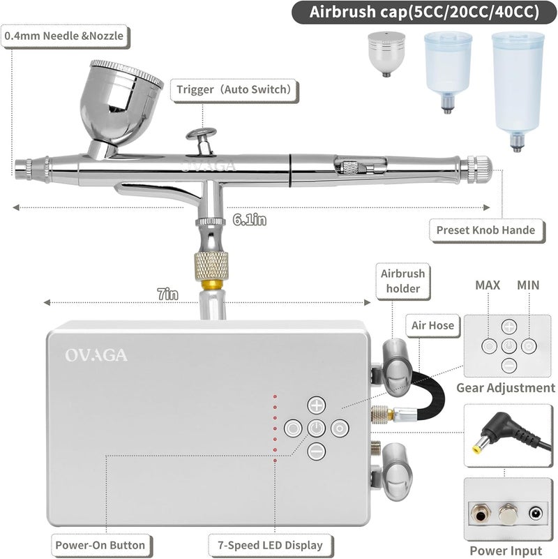 Ovaga طقم رش هواء فائق الصمت 55PSI، طقم رش هواء متعدد الوظائف ذو عمل مزدوج مع ضاغط للرسم، طقم رش هواء محمول لتزيين الكعك، فن المكياج، الحرف اليدوية، تصميم الأظافر، نموذج الوشم، فضي - Image 2